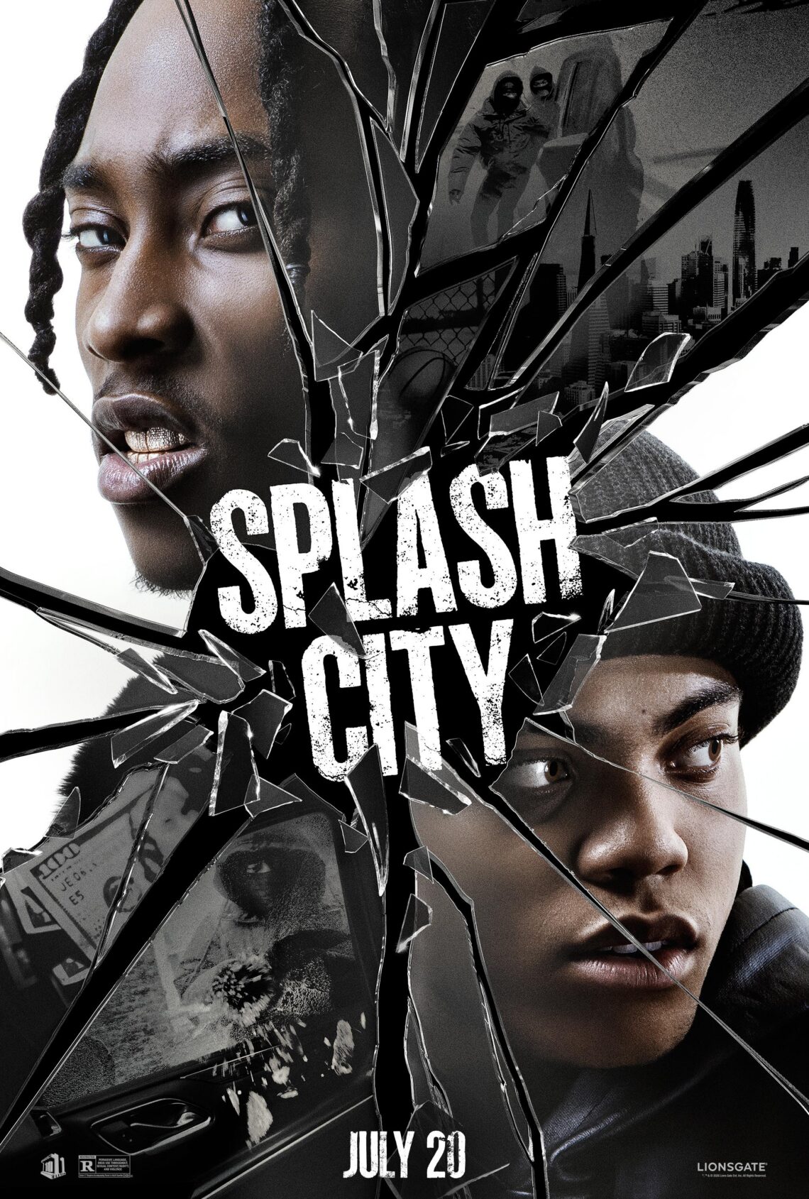 Splash City movie poster featuring two young men behind shattered glass, with the San Francisco skyline in the background.