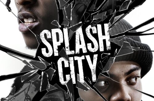 Splash City movie poster featuring two young men behind shattered glass, with the San Francisco skyline in the background.